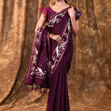 Dark Purple Embroidered Tussar Silk Saree