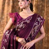 Dark Purple Embroidered Tussar Silk Saree