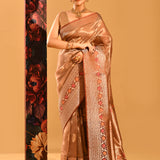 Brown Tissue Banarasi With Red Floral Butti & Gold Zari Border And Pallu