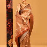 Brown Tissue Banarasi With Red Floral Butti & Gold Zari Border And Pallu
