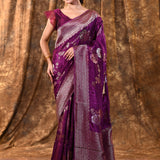 Purple Floral Banarasi Silk Saree