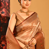 Brown Tissue Banarasi With Red Floral Butti & Gold Zari Border And Pallu
