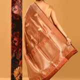 Brown Tissue Banarasi With Red Floral Butti & Gold Zari Border And Pallu