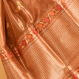 Brown Tissue Banarasi With Red Floral Butti & Gold Zari Border And Pallu