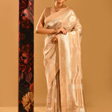 Cream With Circular Gold Butti And Striped Gold Zari Banarasi Silk Saree