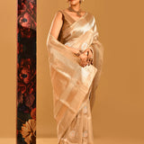 Cream With Circular Gold Butti And Striped Gold Zari Banarasi Silk Saree