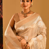 Cream With Circular Gold Butti And Striped Gold Zari Banarasi Silk Saree