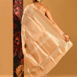 Cream With Circular Gold Butti And Striped Gold Zari Banarasi Silk Saree