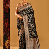 Black Floral Meenakari Jaal And Gold Zari Border In Banarasi Silk Saree