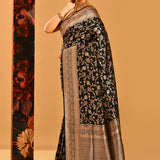 Black Floral Meenakari Jaal And Gold Zari Border In Banarasi Silk Saree