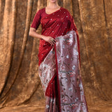 Dark Red Butti Embroidered Silk Saree