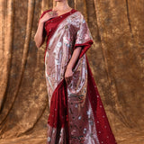 Dark Red Butti Embroidered Silk Saree