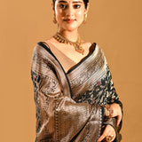 Black Floral Meenakari Jaal And Gold Zari Border In Banarasi Silk Saree