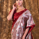 Dark Red Butti Embroidered Silk Saree