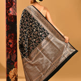 Black Floral Meenakari Jaal And Gold Zari Border In Banarasi Silk Saree