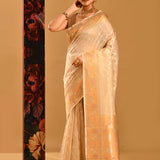 Cream With Pastel Meenakari & Gold Zari Border And Pallu Banarasi Silk Saree