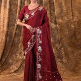 Maroon Embroidered Tussar Silk Saree