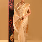 Cream With Pastel Meenakari & Gold Zari Border And Pallu Banarasi Silk Saree