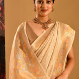 Cream With Pastel Meenakari & Gold Zari Border And Pallu Banarasi Silk Saree