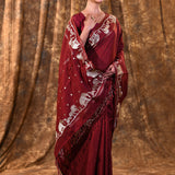 Maroon Embroidered Tussar Silk Saree