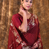 Maroon Embroidered Tussar Silk Saree
