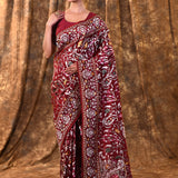 Dark Red Floral Embroidered Silk Blend Saree