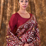 Dark Red Floral Embroidered Silk Blend Saree