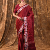 Brown Red Embroidered Silk Blend Saree