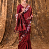 Brown Red Embroidered Silk Blend Saree