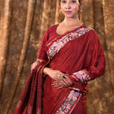 Brown Red Embroidered Silk Blend Saree