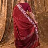 Brown Red Embroidered Silk Blend Saree
