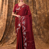 Dark Maroon Tussar Embroidered Saree