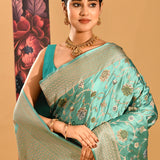 Mint Green In Floral Gold Zari On Banarasi Silk Saree