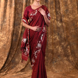 Dark Maroon Tussar Embroidered Saree