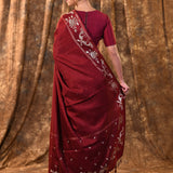 Dark Maroon Tussar Embroidered Saree