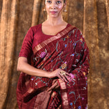Brick Red Floral Silk Blend Saree
