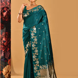 Bottle Green With Gold And Silver Zari Floral Border In Banarasi Silk Saree
