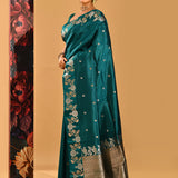 Bottle Green With Gold And Silver Zari Floral Border In Banarasi Silk Saree