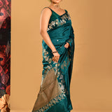Bottle Green With Gold And Silver Zari Floral Border In Banarasi Silk Saree