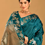 Bottle Green With Gold And Silver Zari Floral Border In Banarasi Silk Saree