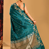 Bottle Green With Gold And Silver Zari Floral Border In Banarasi Silk Saree