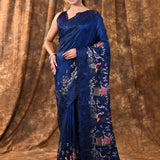 Admiral Blue Embroidered Satin Silk Saree