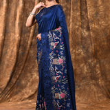 Admiral Blue Embroidered Satin Silk Saree