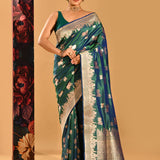 Peacock Blue-Green Cow Motif Banarasi Silk Saree