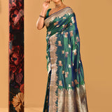 Peacock Blue-Green Cow Motif Banarasi Silk Saree