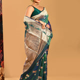 Peacock Blue-Green Cow Motif Banarasi Silk Saree