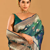Peacock Blue-Green Cow Motif Banarasi Silk Saree