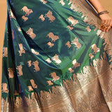 Peacock Blue-Green Cow Motif Banarasi Silk Saree