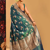 Peacock Blue-Green Cow Motif Banarasi Silk Saree