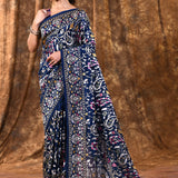 Dark Blue Floral Embroidered Silk Blend Saree